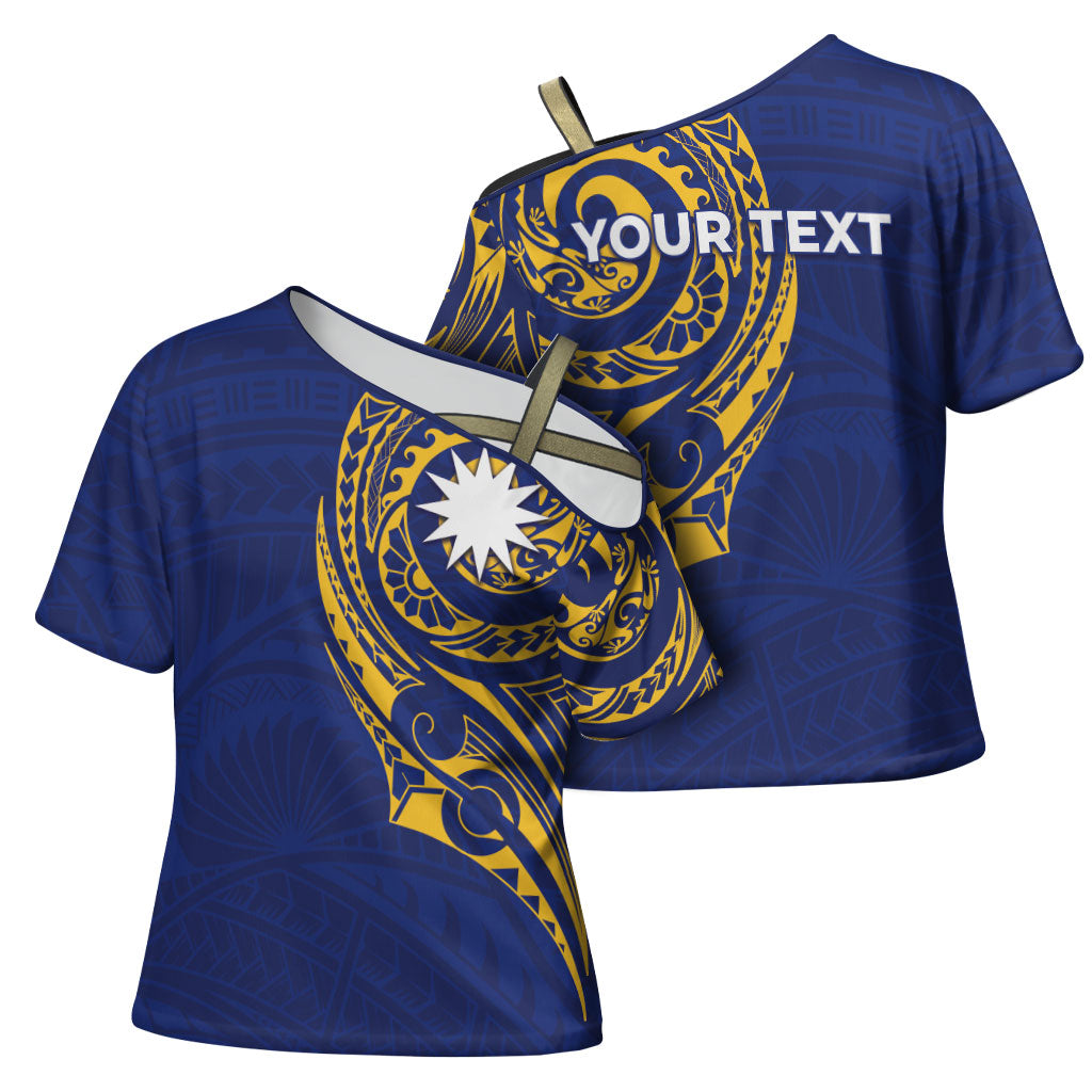 Personalised Nauru Angam Day Cross Shoulder Shirt Gold Navy Tribal Pattern