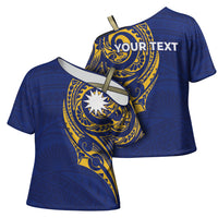 Personalised Nauru Angam Day Cross Shoulder Shirt Gold Navy Tribal Pattern