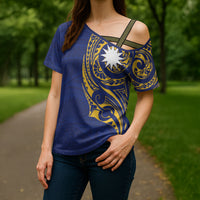 Personalised Nauru Angam Day Cross Shoulder Shirt Gold Navy Tribal Pattern