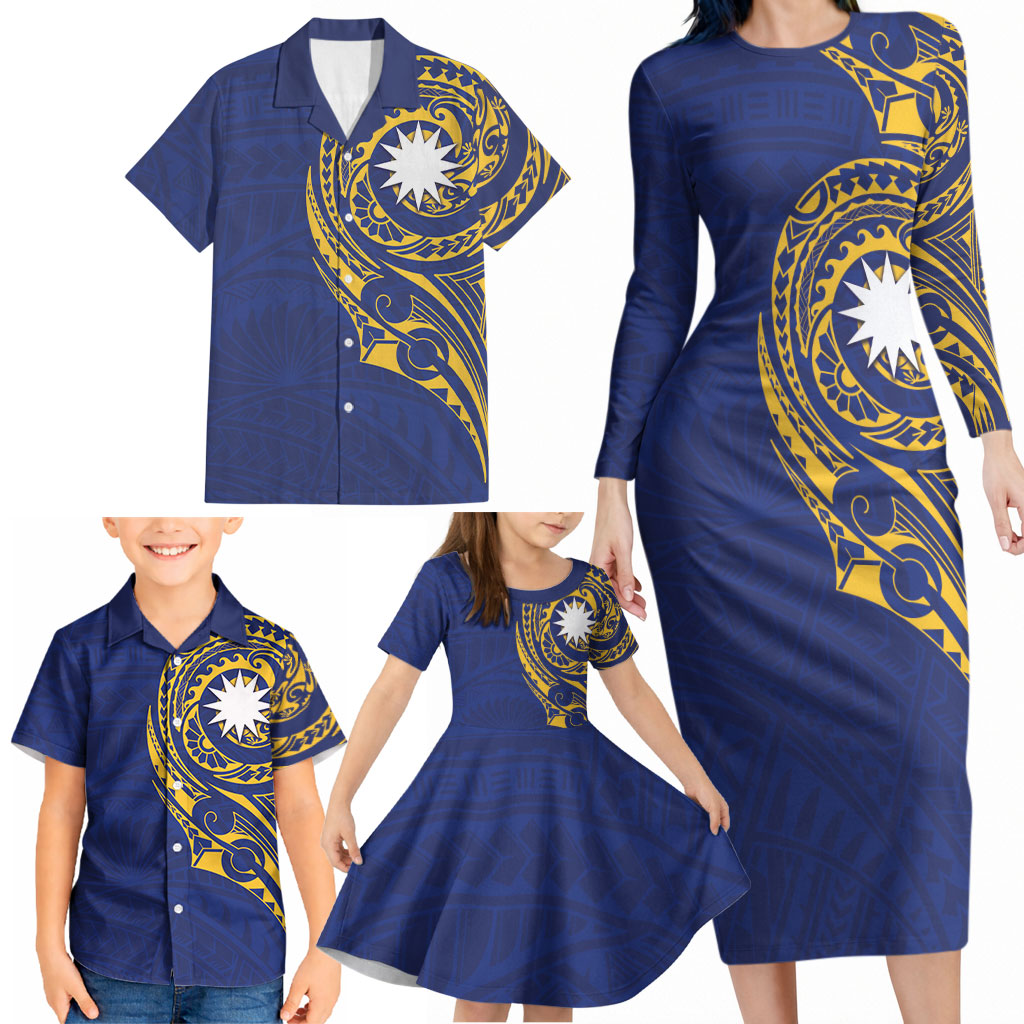 Personalised Nauru Angam Day Family Matching Long Sleeve Bodycon Dress and Hawaiian Shirt Gold Navy Tribal Pattern