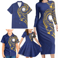 Personalised Nauru Angam Day Family Matching Long Sleeve Bodycon Dress and Hawaiian Shirt Gold Navy Tribal Pattern