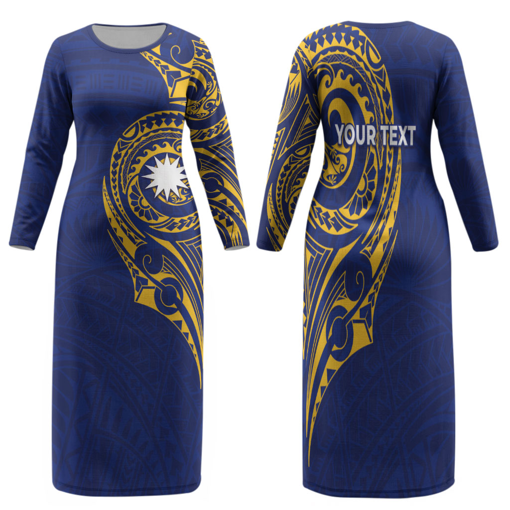 Personalised Nauru Angam Day Family Matching Long Sleeve Bodycon Dress and Hawaiian Shirt Gold Navy Tribal Pattern