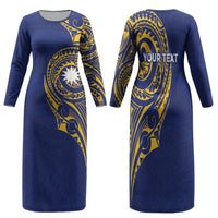 Personalised Nauru Angam Day Family Matching Long Sleeve Bodycon Dress and Hawaiian Shirt Gold Navy Tribal Pattern
