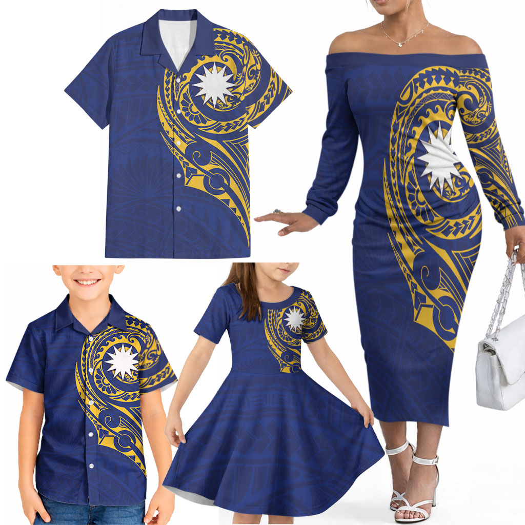 Personalised Nauru Angam Day Family Matching Off The Shoulder Long Sleeve Dress and Hawaiian Shirt Gold Navy Tribal Pattern