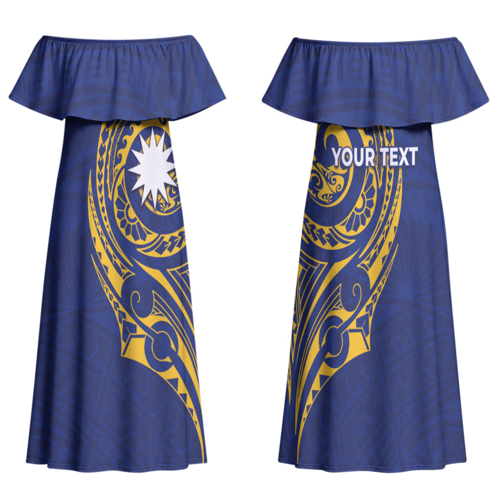 Personalised Nauru Angam Day Family Matching Off Shoulder Maxi Dress and Hawaiian Shirt Gold Navy Tribal Pattern