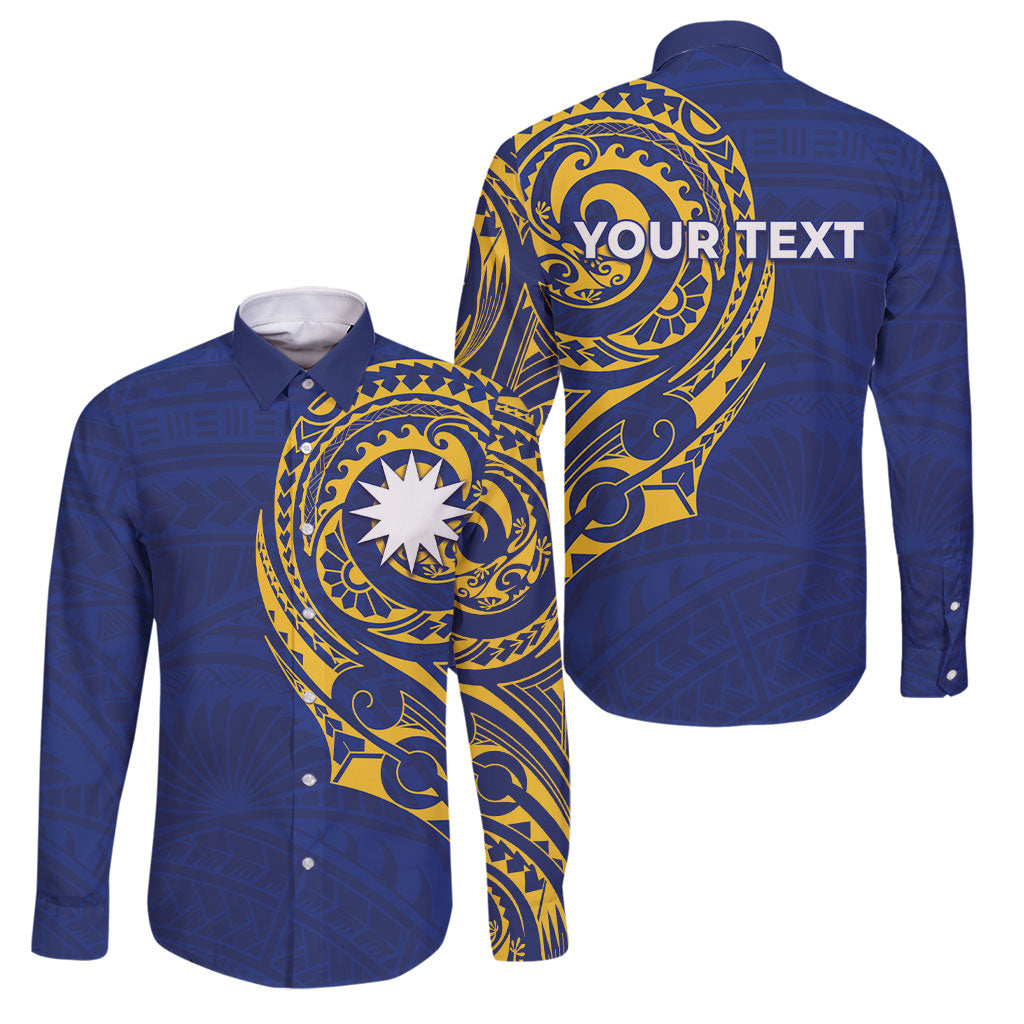 Personalised Nauru Angam Day Family Matching Off Shoulder Maxi Dress and Hawaiian Shirt Gold Navy Tribal Pattern