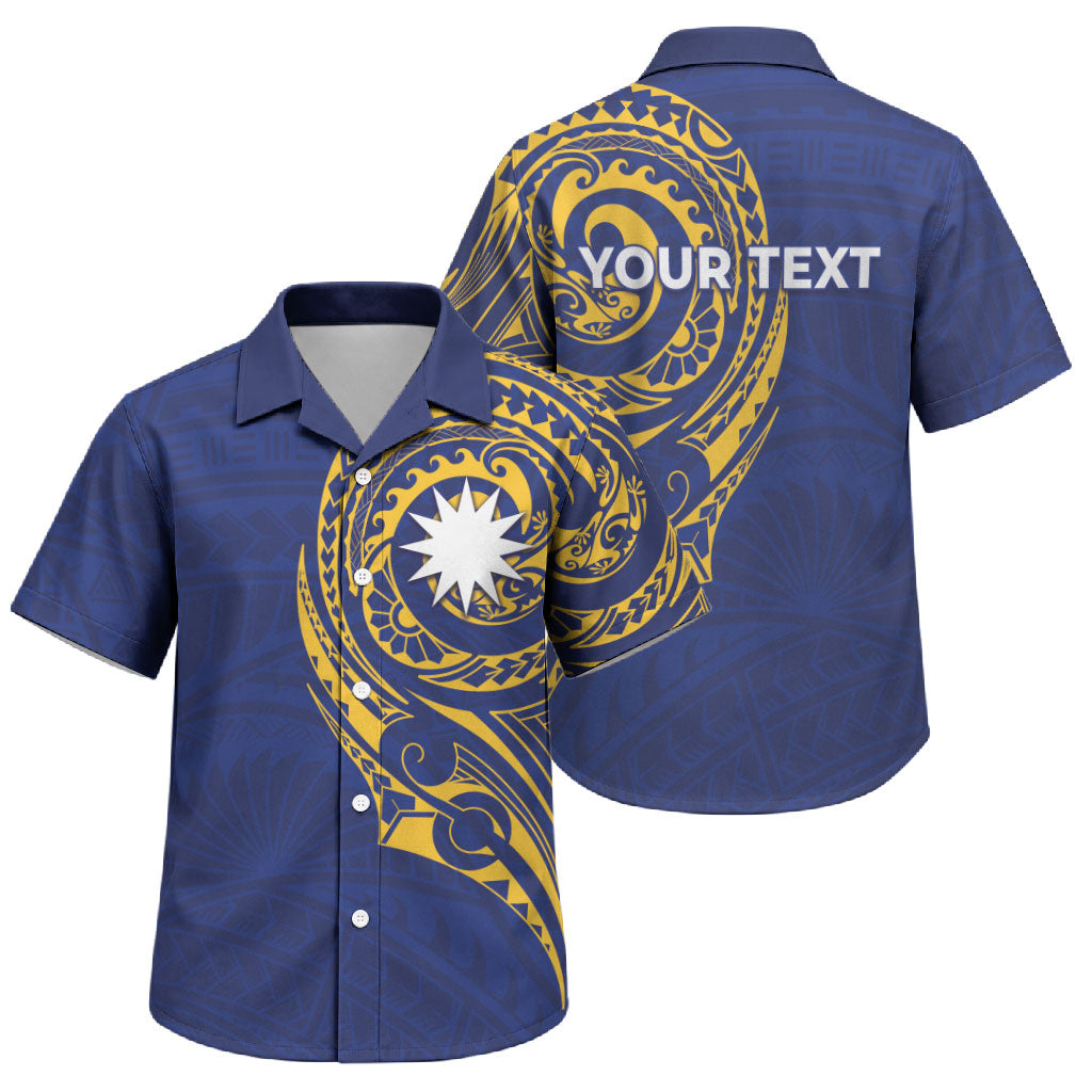 Personalised Nauru Angam Day Family Matching Off Shoulder Maxi Dress and Hawaiian Shirt Gold Navy Tribal Pattern
