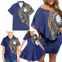Personalised Nauru Angam Day Family Matching Off Shoulder Short Dress and Hawaiian Shirt Gold Navy Tribal Pattern