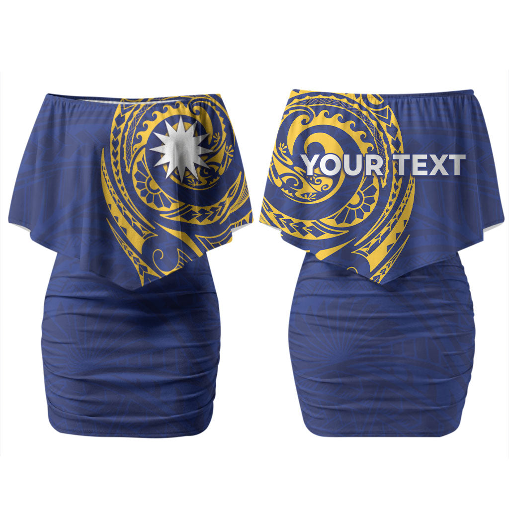 Personalised Nauru Angam Day Family Matching Off Shoulder Short Dress and Hawaiian Shirt Gold Navy Tribal Pattern