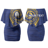 Personalised Nauru Angam Day Family Matching Off Shoulder Short Dress and Hawaiian Shirt Gold Navy Tribal Pattern