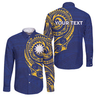 Personalised Nauru Angam Day Family Matching Off Shoulder Short Dress and Hawaiian Shirt Gold Navy Tribal Pattern
