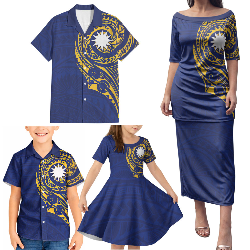 Personalised Nauru Angam Day Family Matching Puletasi and Hawaiian Shirt Gold Navy Tribal Pattern