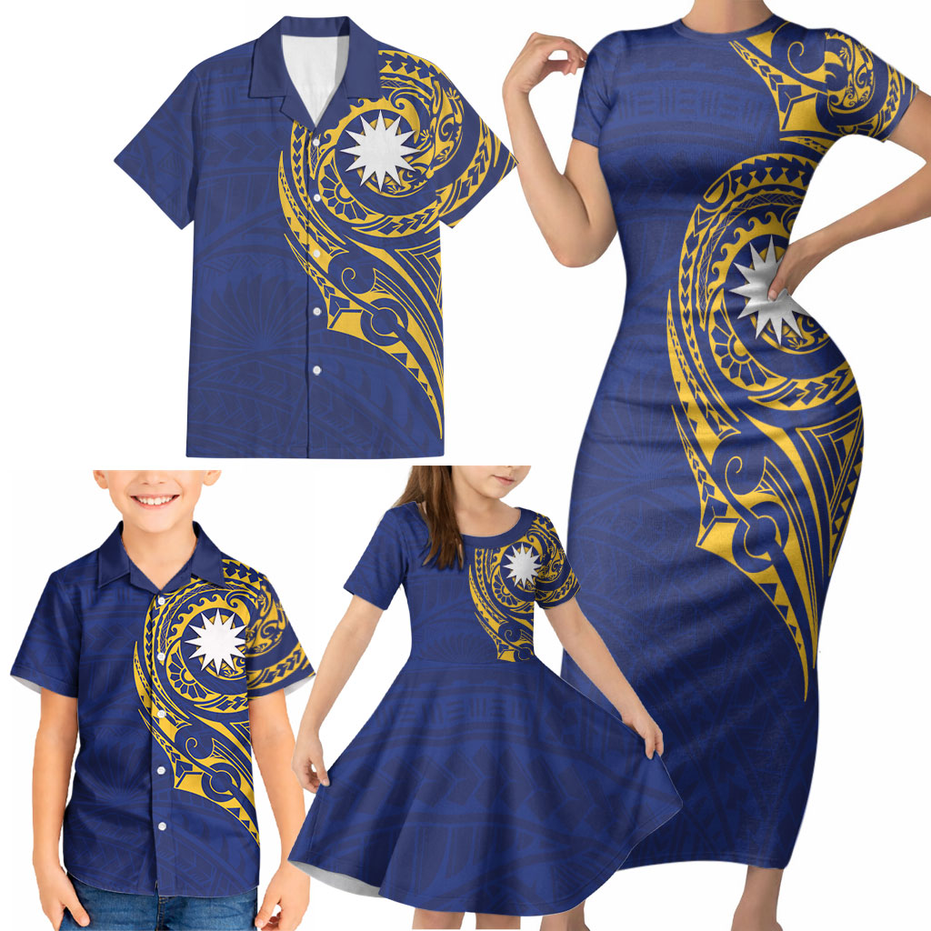 Personalised Nauru Angam Day Family Matching Short Sleeve Bodycon Dress and Hawaiian Shirt Gold Navy Tribal Pattern
