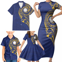 Personalised Nauru Angam Day Family Matching Short Sleeve Bodycon Dress and Hawaiian Shirt Gold Navy Tribal Pattern