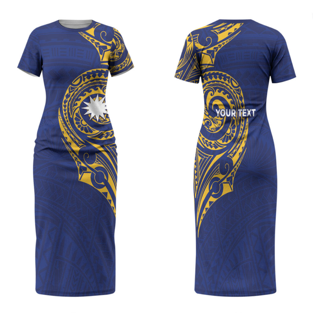 Personalised Nauru Angam Day Family Matching Short Sleeve Bodycon Dress and Hawaiian Shirt Gold Navy Tribal Pattern