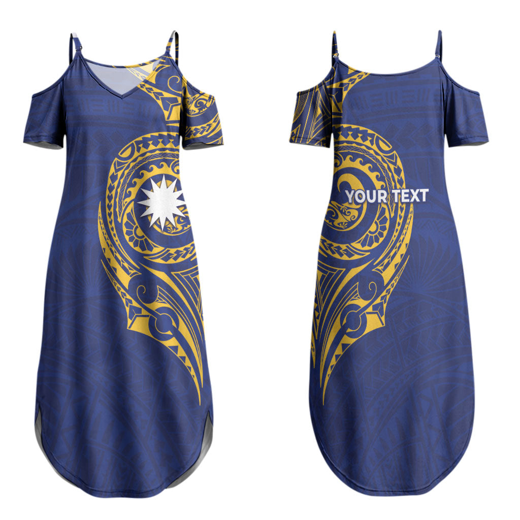 Personalised Nauru Angam Day Family Matching Summer Maxi Dress and Hawaiian Shirt Gold Navy Tribal Pattern