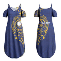 Personalised Nauru Angam Day Family Matching Summer Maxi Dress and Hawaiian Shirt Gold Navy Tribal Pattern