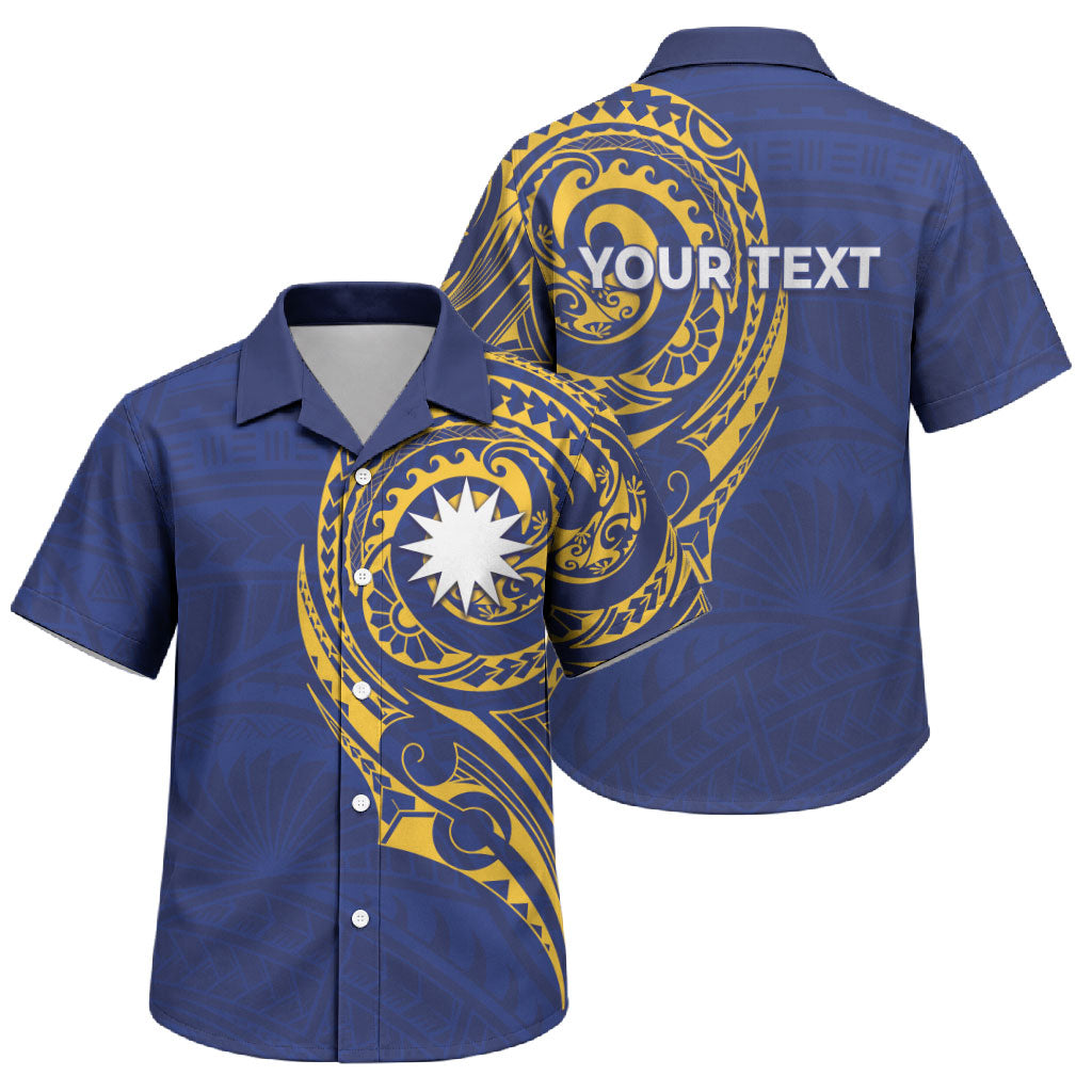 Personalised Nauru Angam Day Family Matching Summer Maxi Dress and Hawaiian Shirt Gold Navy Tribal Pattern