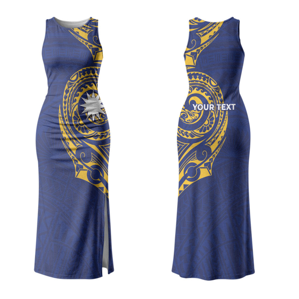 Personalised Nauru Angam Day Family Matching Tank Maxi Dress and Hawaiian Shirt Gold Navy Tribal Pattern