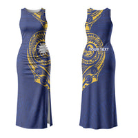 Personalised Nauru Angam Day Family Matching Tank Maxi Dress and Hawaiian Shirt Gold Navy Tribal Pattern