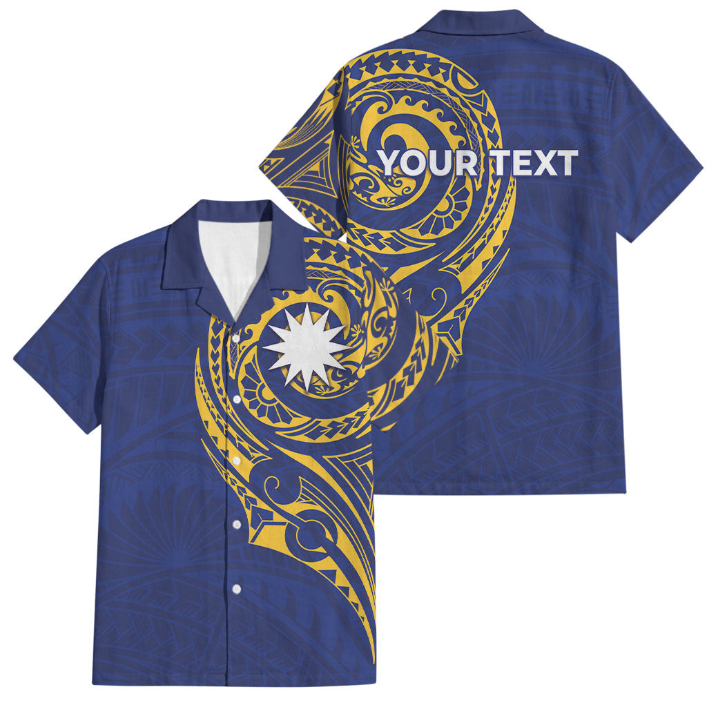 Personalised Nauru Angam Day Family Matching Tank Maxi Dress and Hawaiian Shirt Gold Navy Tribal Pattern