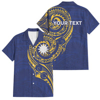 Personalised Nauru Angam Day Family Matching Tank Maxi Dress and Hawaiian Shirt Gold Navy Tribal Pattern
