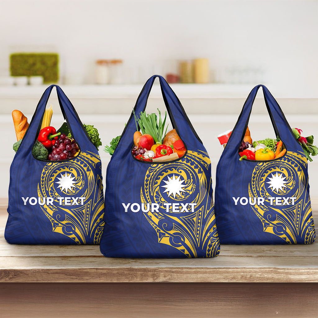 Personalised Nauru Angam Day Grocery Bag Gold Navy Tribal Pattern