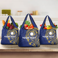 Personalised Nauru Angam Day Grocery Bag Gold Navy Tribal Pattern