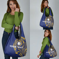 Personalised Nauru Angam Day Grocery Bag Gold Navy Tribal Pattern