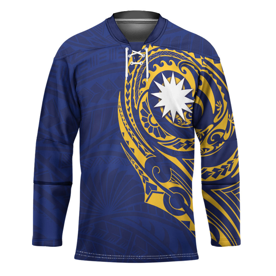 Personalised Nauru Angam Day Hockey Jersey Gold Navy Tribal Pattern