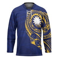 Personalised Nauru Angam Day Hockey Jersey Gold Navy Tribal Pattern