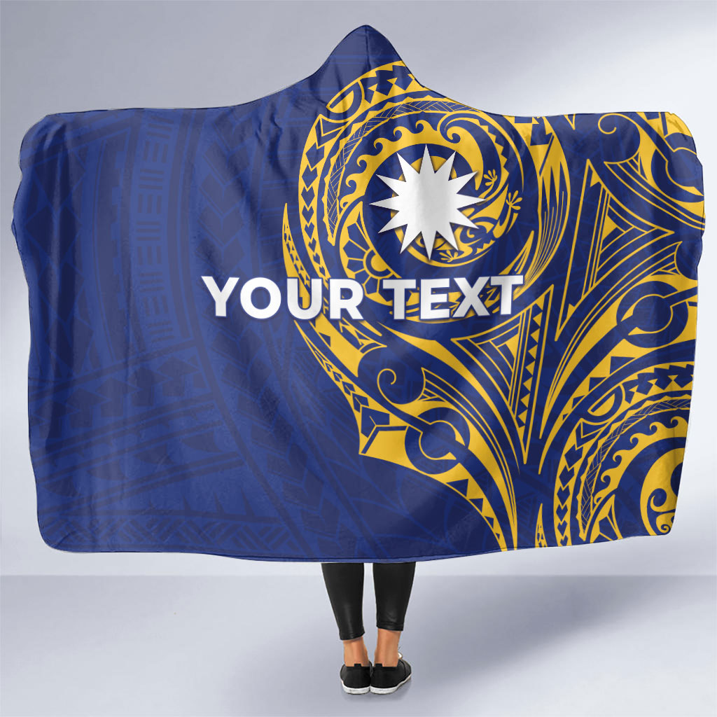 Personalised Nauru Angam Day Hooded Blanket Gold Navy Tribal Pattern
