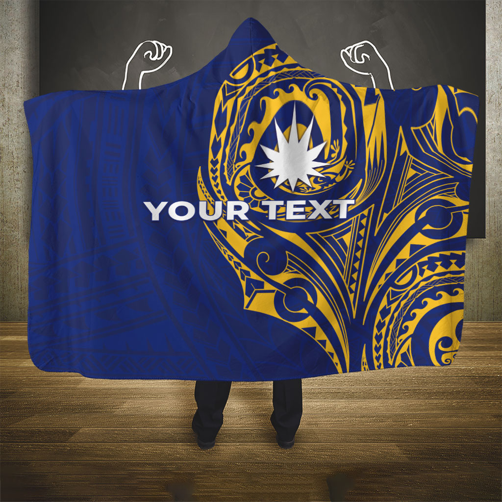 Personalised Nauru Angam Day Hooded Blanket Gold Navy Tribal Pattern