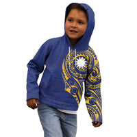 Personalised Nauru Angam Day Kid Hoodie Gold Navy Tribal Pattern