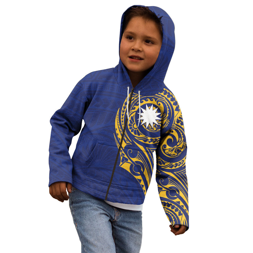 Personalised Nauru Angam Day Kid Hoodie Gold Navy Tribal Pattern