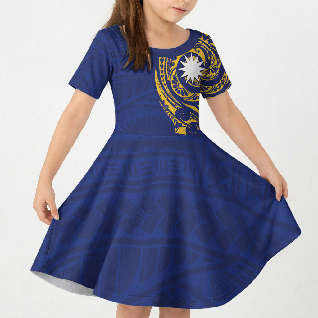 Personalised Nauru Angam Day Kid Short Sleeve Dress Gold Navy Tribal Pattern