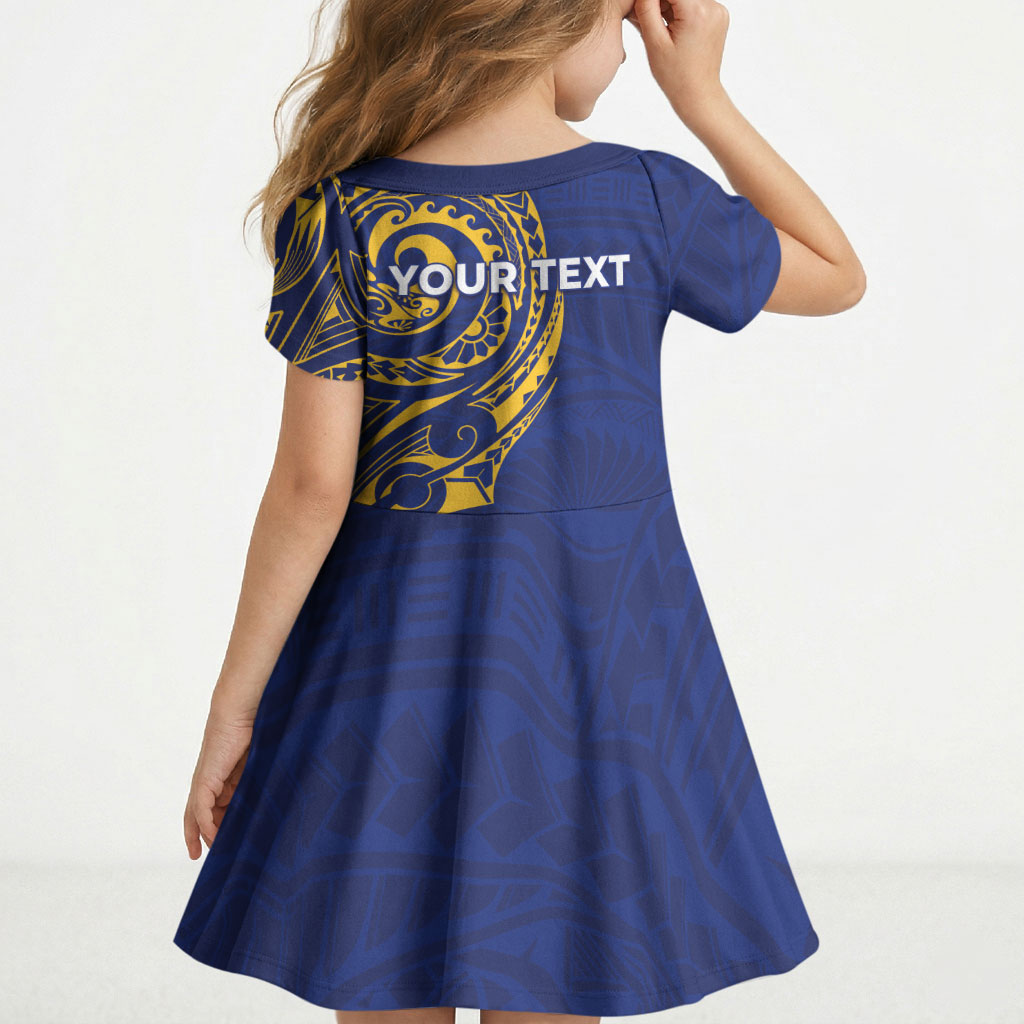 Personalised Nauru Angam Day Kid Short Sleeve Dress Gold Navy Tribal Pattern