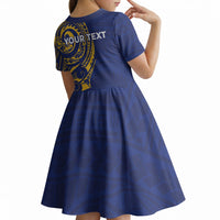 Personalised Nauru Angam Day Kid Short Sleeve Dress Gold Navy Tribal Pattern