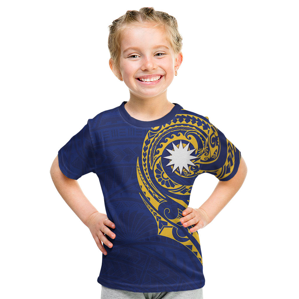Personalised Nauru Angam Day Kid T Shirt Gold Navy Tribal Pattern