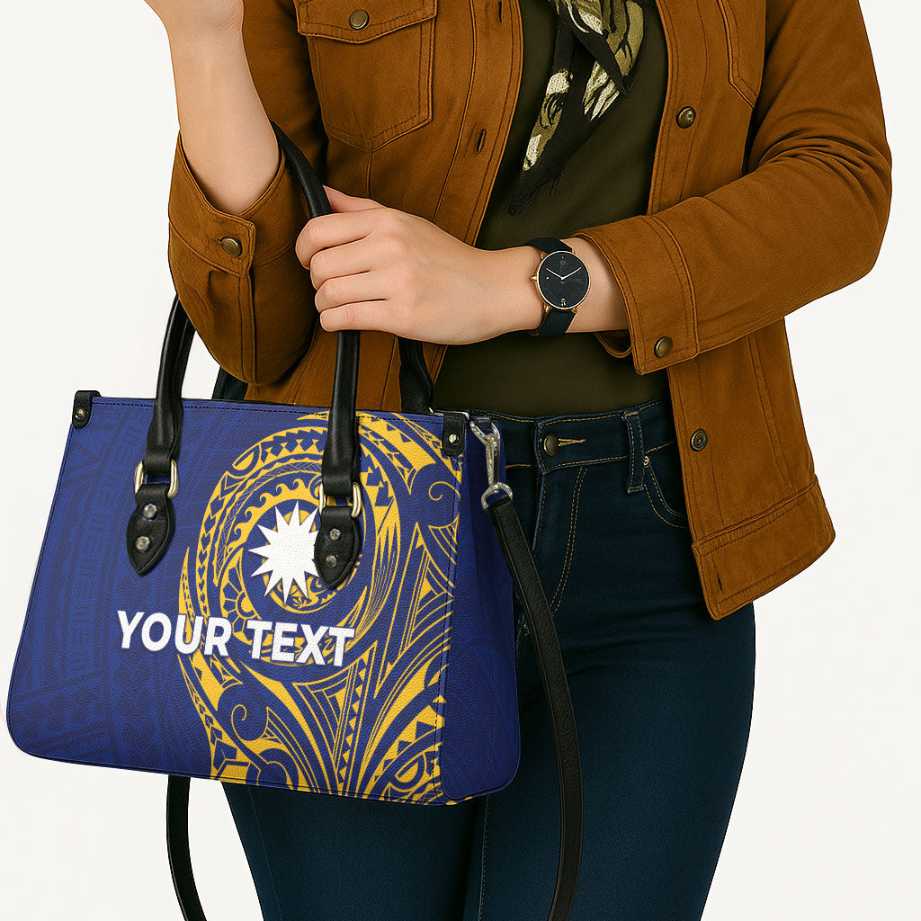 Personalised Nauru Angam Day Leather Bag Gold Navy Tribal Pattern