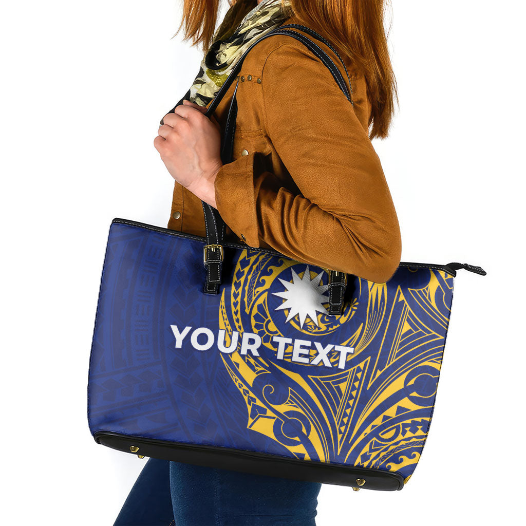 Personalised Nauru Angam Day Leather Tote Bag Gold Navy Tribal Pattern