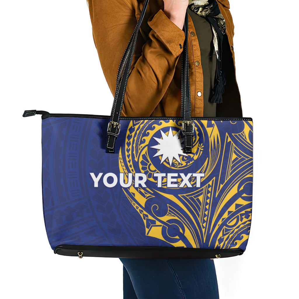 Personalised Nauru Angam Day Leather Tote Bag Gold Navy Tribal Pattern
