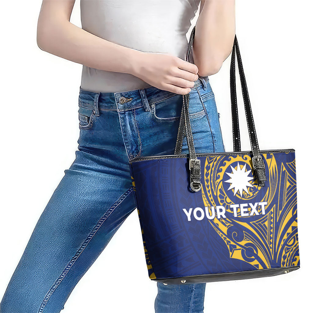 Personalised Nauru Angam Day Leather Tote Bag Gold Navy Tribal Pattern