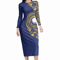 Personalised Nauru Angam Day Long Sleeve Bodycon Dress Gold Navy Tribal Pattern