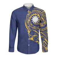Personalised Nauru Angam Day Long Sleeve Button Shirt Gold Navy Tribal Pattern