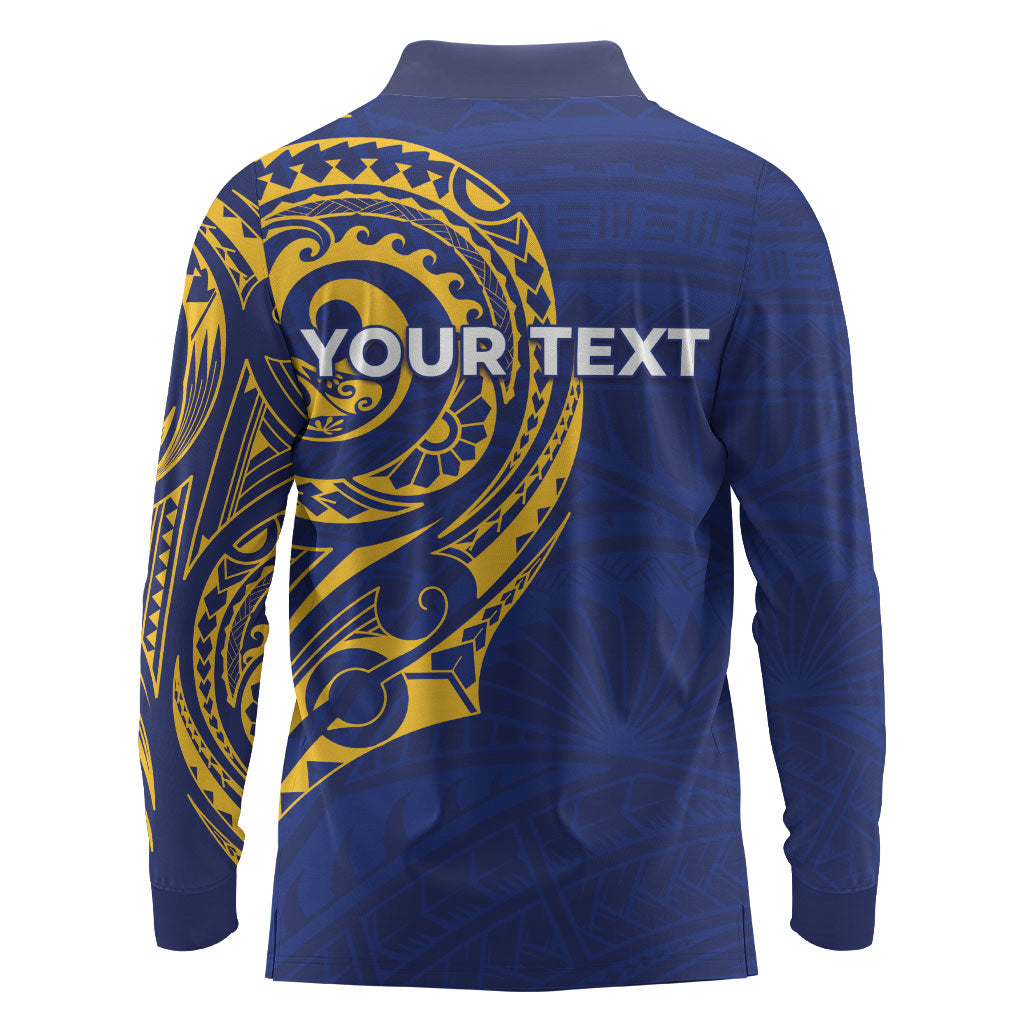 Personalised Nauru Angam Day Long Sleeve Polo Shirt Gold Navy Tribal Pattern