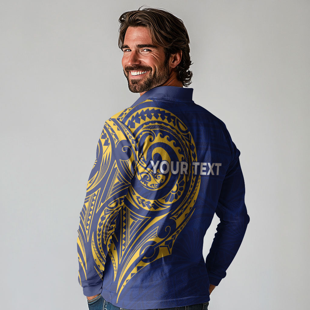 Personalised Nauru Angam Day Long Sleeve Polo Shirt Gold Navy Tribal Pattern