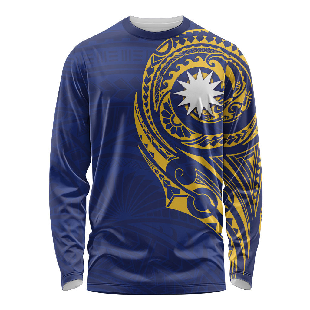 Personalised Nauru Angam Day Long Sleeve Shirt Gold Navy Tribal Pattern