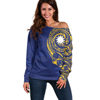 Personalised Nauru Angam Day Off Shoulder Sweater Gold Navy Tribal Pattern