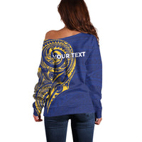 Personalised Nauru Angam Day Off Shoulder Sweater Gold Navy Tribal Pattern